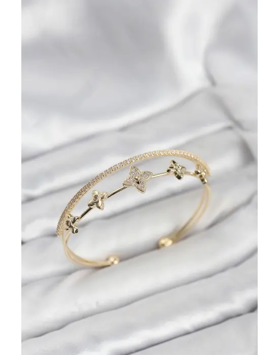 Çelik Gold Renk Çiçek Model Kadın Bileklik