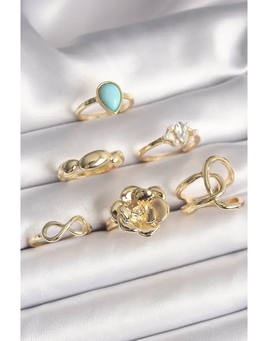  Altın Çiçek Model Model Sonsuzluk Zirkon Taş Detaylı 6Lı Çelik Yüzük Seti