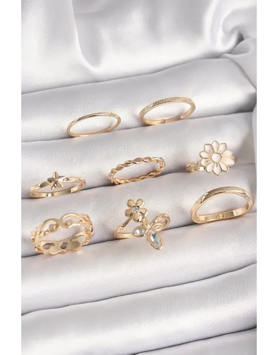 Pirinç Gold Renk Çiçek Model Zirkon Taş Detay Kadın Yüzük Kombini