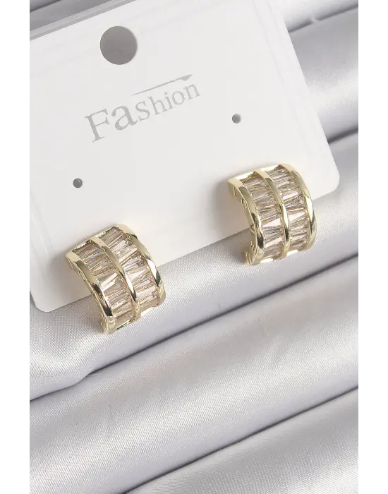  Altın Çift Sıra Zirkon Taşlı Çelik Küpe