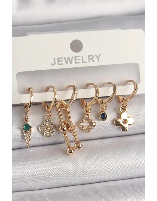  Altın Çoklu Figür Çelik Küpe Seti