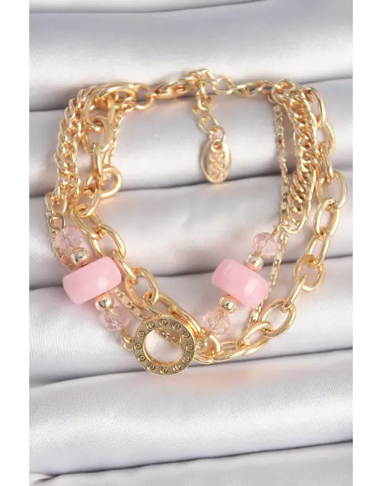Pirinç Gold Renk Çoklu Pembe Taşlı Kadın Bileklik