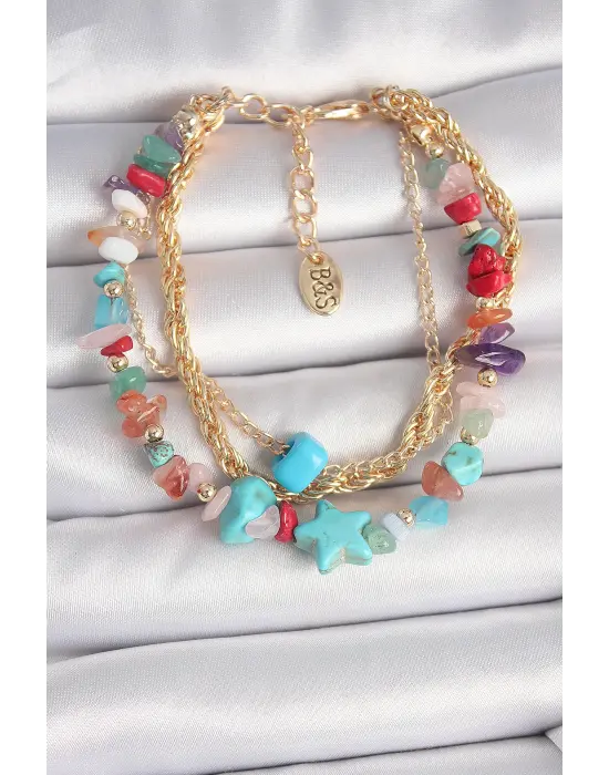 Pirinç Gold Renk Çoklu Renkli Çakıl Taşı Model Yıldız Figür Kadın Bileklik