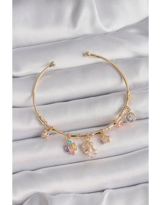 Pirinç Gold Renk Çoklu Sallantı Zirkon Taşlı Yıldız Figür Charm Bileklik