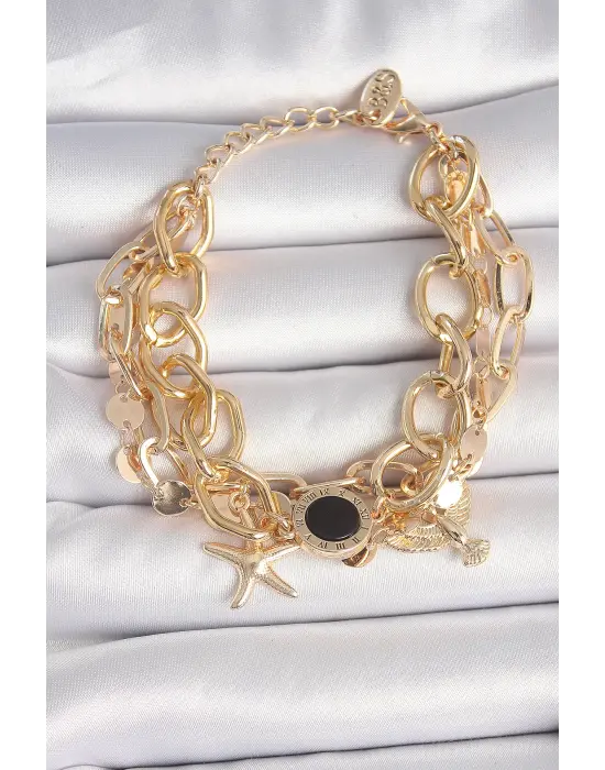Pirinç Gold Renk Çoklu Zincir Model Deniz Yıldız Figür Kadın Bileklik