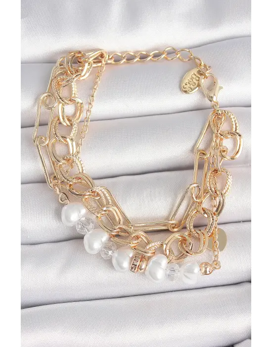 Pirinç Gold Renk Çoklu Zincir Model İncilli Zirkon Taş Detay Kadın Bileklik