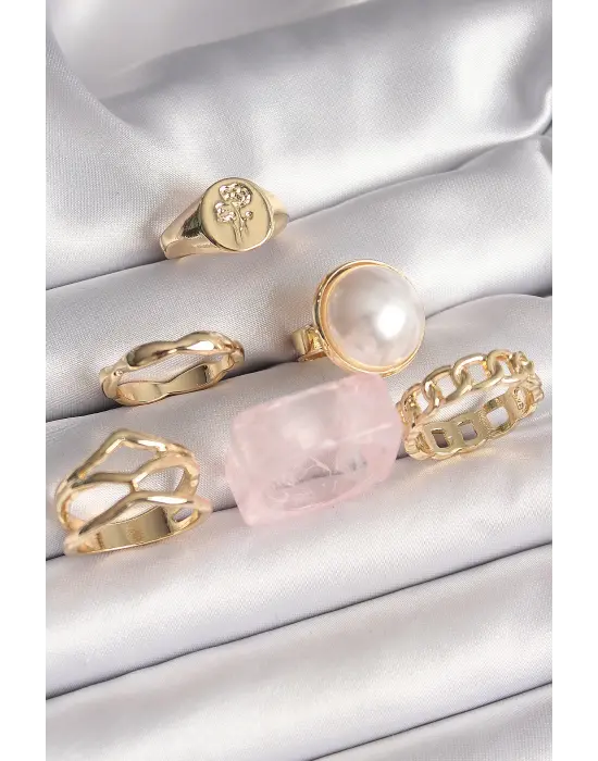  Altın Daire 3D İncili Figür Zincir Model Gül İşleme Detaylı 6Lı Çelik Yüzük Seti