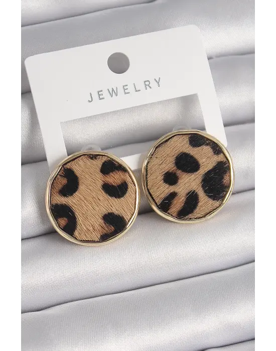  Altın Daire Plaka Model Leopar Desenli Çelik Küpe
