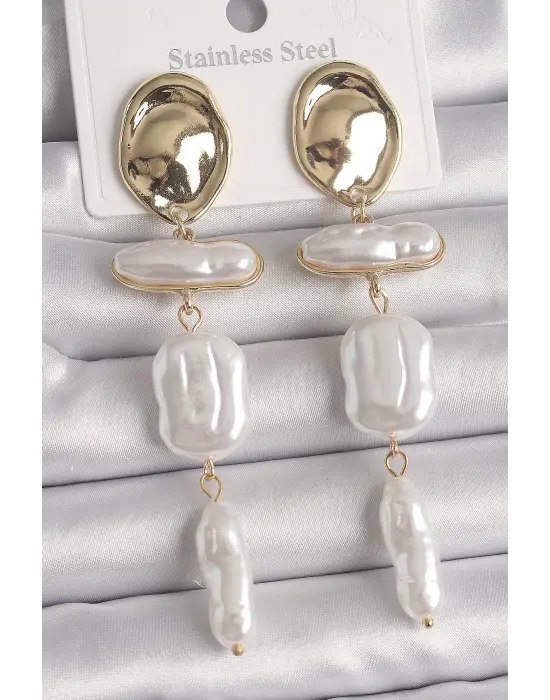  Altın Daire Plaka Model Sallantı Ezme İnci Model Çelik Küpe