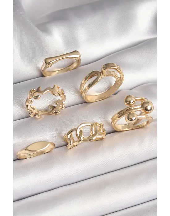  Altın Dal İşlemeli Yüzük Topçuk Detay 6Lı Çelik Yüzük Seti