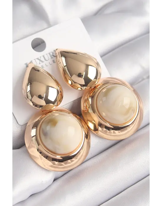  Altın Damla Model Beyaz Zirkon Taşlı Vintage Çelik Küpe