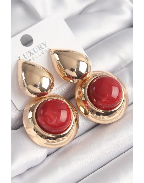  Altın Damla Model Kırmızı Doğal Taşlı Vintage Çelik Küpe