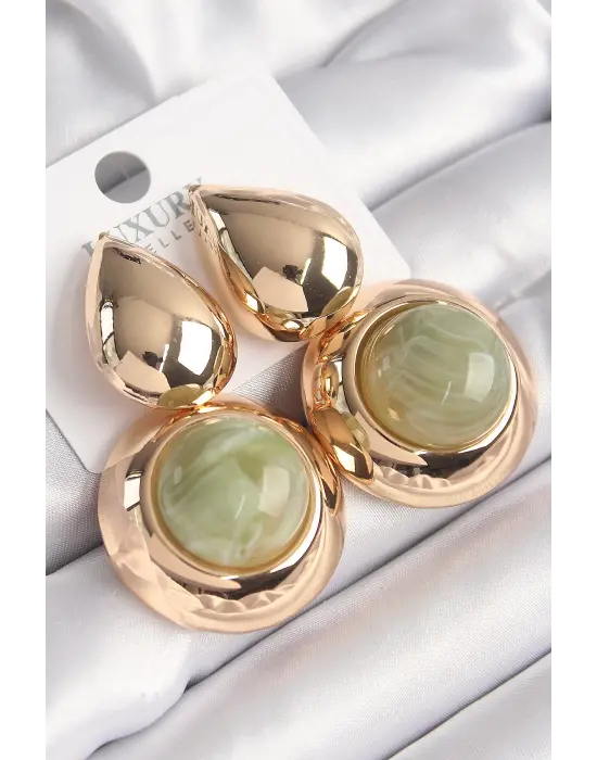  Altın Damla Model Su Yeşili Doğal Taşlı Vintage Çelik Küpe