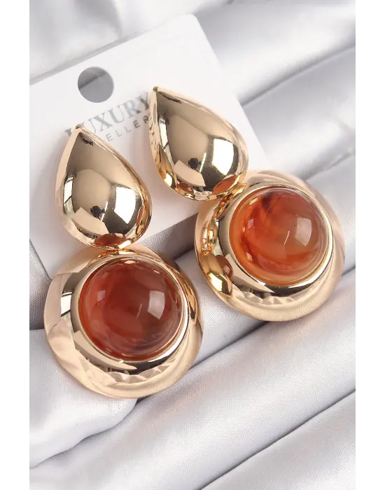  Altın Damla Model Turuncu Doğal Taşlı Vintage Çelik Küpe