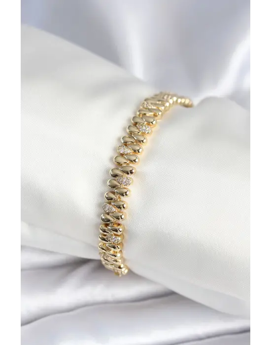 Pirinç Gold Renk Damla Model Zirkon Taşlı Kadın Bileklik
