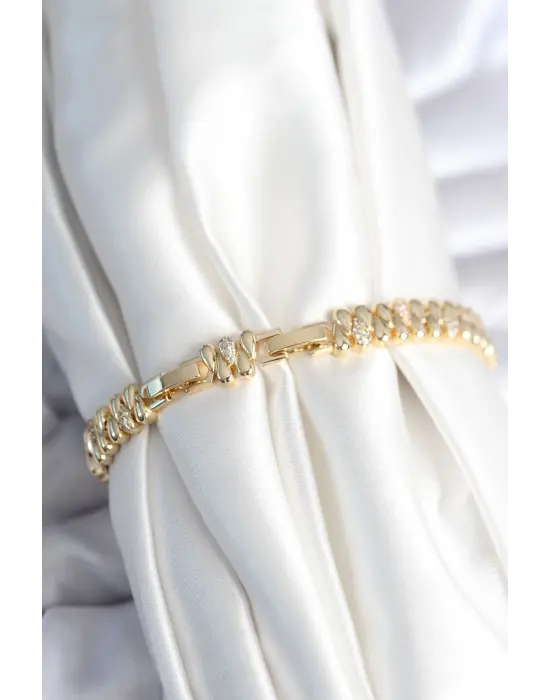 Pirinç Gold Renk Damla Model Zirkon Taşlı Kadın Bileklik