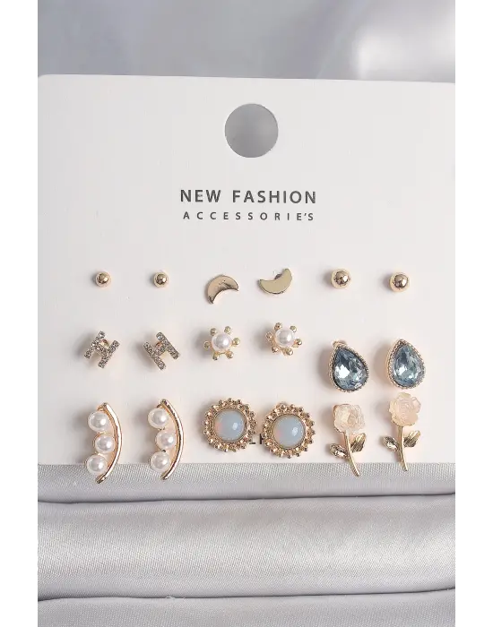  Altın Damla Zirkon Taşlı İnci Detay 9 Çift Çelik Küpe Seti