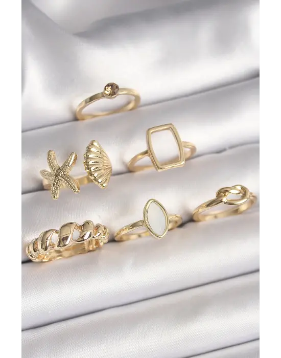  Altın Deniz Kabuğu Figür Sarmal Model Beyaz Mine Detay 6Lı Çelik Yüzük Seti