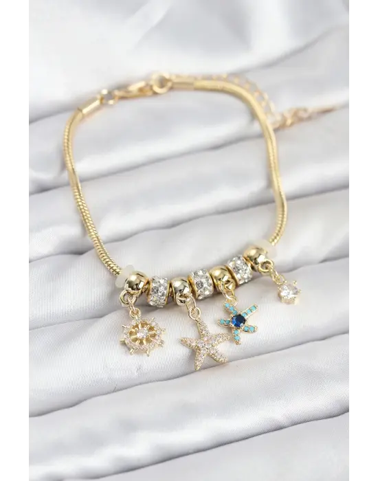 Çelik Gold Renk Deniz Tema Charmlı Kadın Bileklik