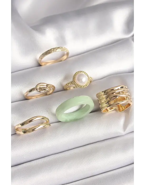  Altın Düğüm Model İncili İşlemeli Plaka Model 6Lı Çelik Yüzük Seti