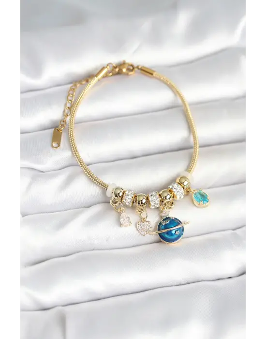 Pirinç Gold Renk Dünya Charmlı Kadın Bileklik