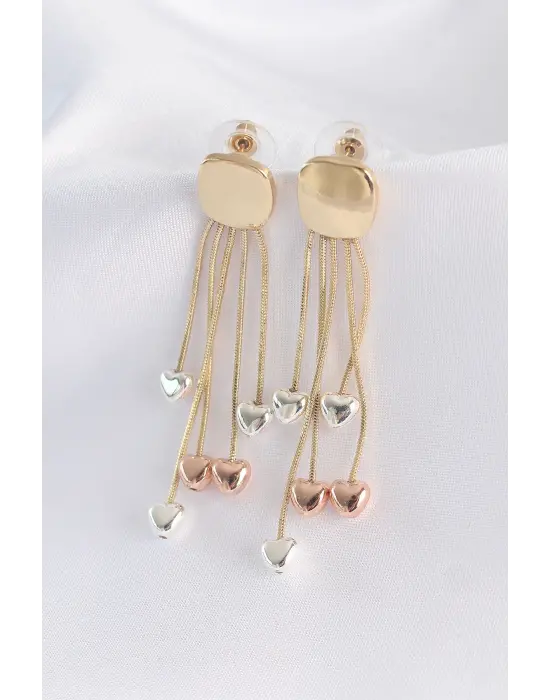  Altın Düz Plaka Renkli Kalp Detay Küpe