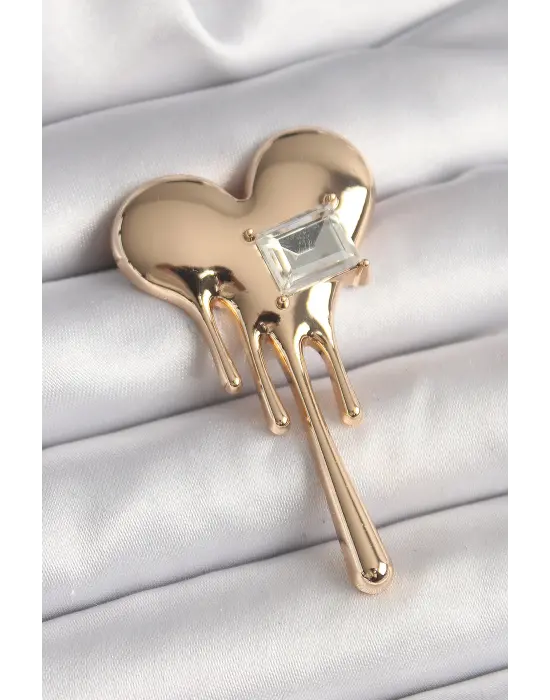 Çelik Gold Renk Eriyen Kalp Model Kare Zirkon Taş Detay Kadın Broş
