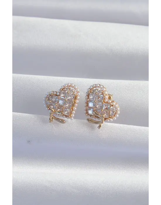  Altın Fiyonk Detay İncili Zirkon Taşlı Kalp Küpe