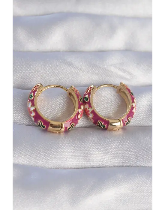 Altın Fuşya Mineli Etnik Desenli Halka Küpe