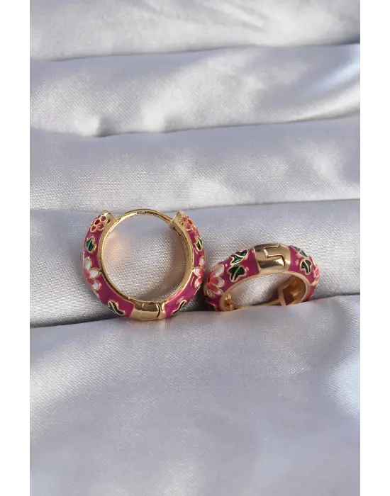 Altın Fuşya Mineli Etnik Desenli Halka Küpe