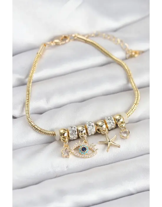 Pirinç Gold Renk Göz Model Charmlı Kadın Bileklik