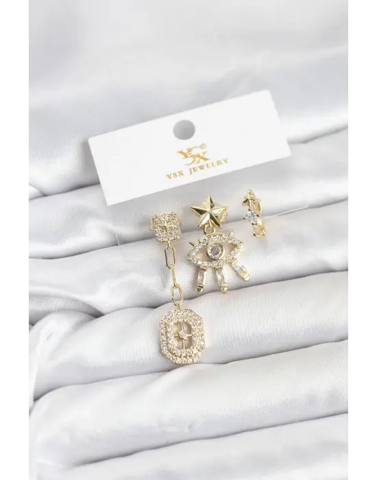 Çelik Gold Renk Göz ve Kutup Yıldızı Model YSX Trio Küpe Seti