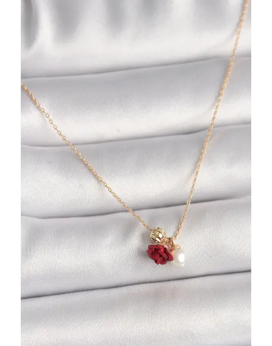 Pirinç Altın  Gül Model İnci Detay  Çelik Kolye