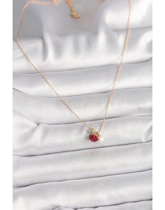 Pirinç Altın  Gül Model İnci Detay  Çelik Kolye