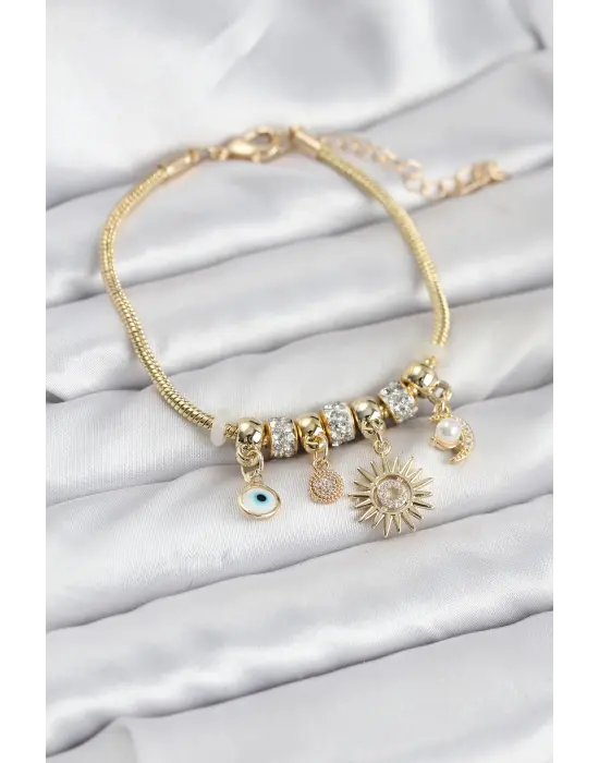 Çelik Gold Renk Güneş Charmlı Kadın Bileklik