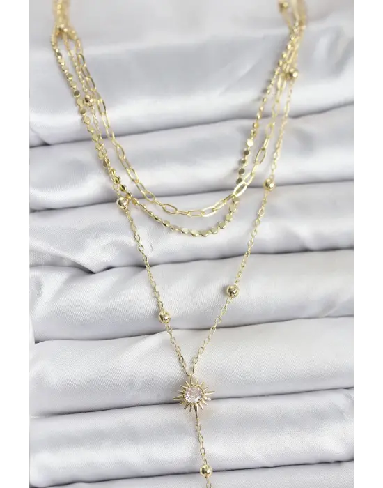 Pirinç Gold Renk Güneş Model Detaylı 3lü Kombin Y Kadın Kolye