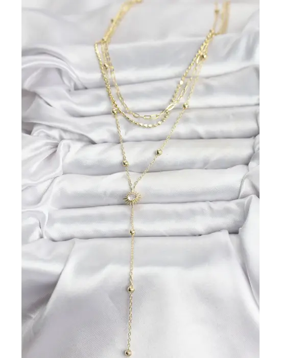 Pirinç Gold Renk Güneş Model Detaylı 3lü Kombin Y Kadın Kolye