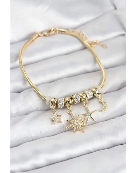 Çelik Gold Renk Güneş Tema Charmlı Kadın Bileklik
