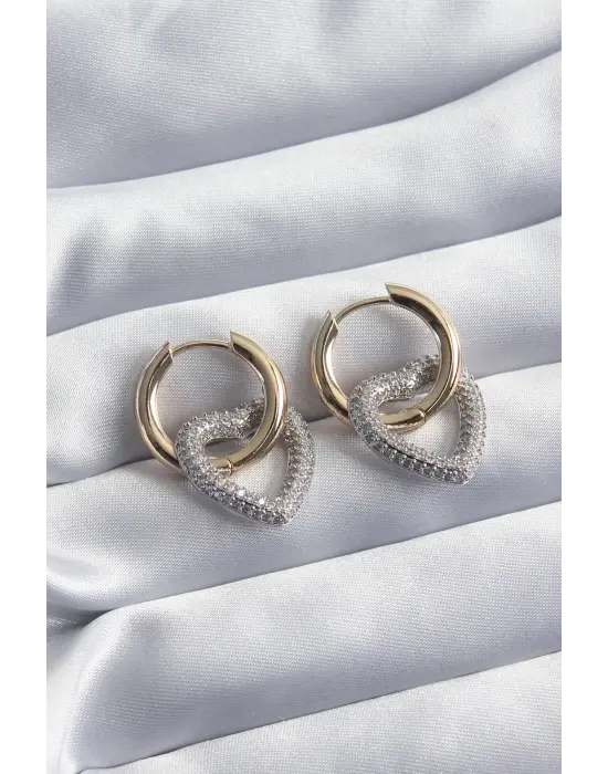  Altın Halka Gümüş Zirkon Taşlı Kalp Model VİP Seri Çelik Küpe