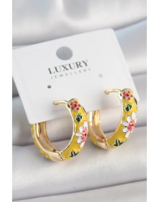 Pirinç Gold Renk Halka Model Çiçek Mineli Kadın Küpe