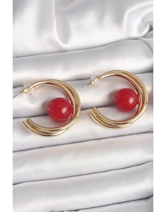 Pirinç Gold Renk Halka Model Kırmızı Boncuk Detay Kadın Küpe