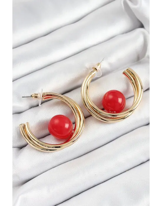 Pirinç Gold Renk Halka Model Kırmızı Boncuk Detay Kadın Küpe