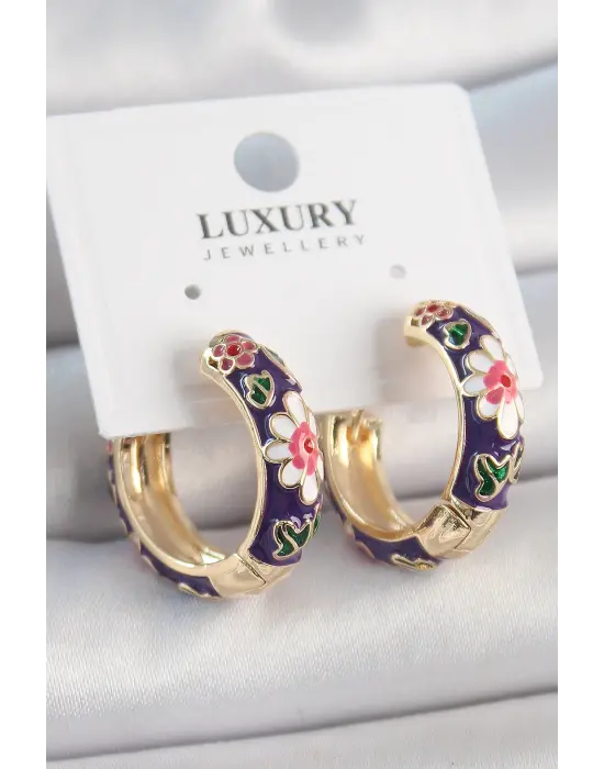 Pirinç Gold Renk Halka Model Mor Çiçek Mineli Kadın Küpe