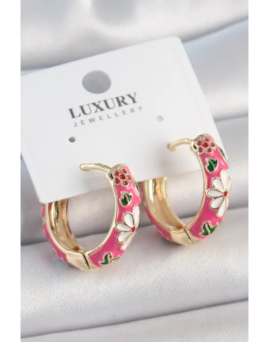 Pirinç Gold Renk Halka Model Pembe Çiçek İşlemeli Kadın Küpe