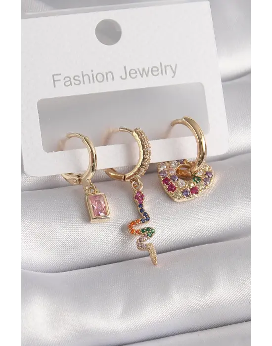  Altın Halka Model Renkli Zirkon Taşlı Yılan Figür Çelik Küpe