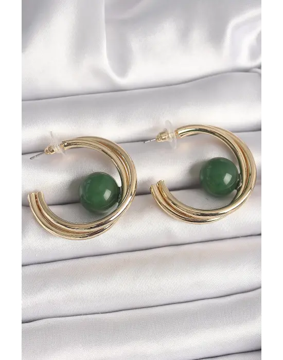 Pirinç Gold Renk Halka Model Yeşil Boncuk Detay Kadın Küpe