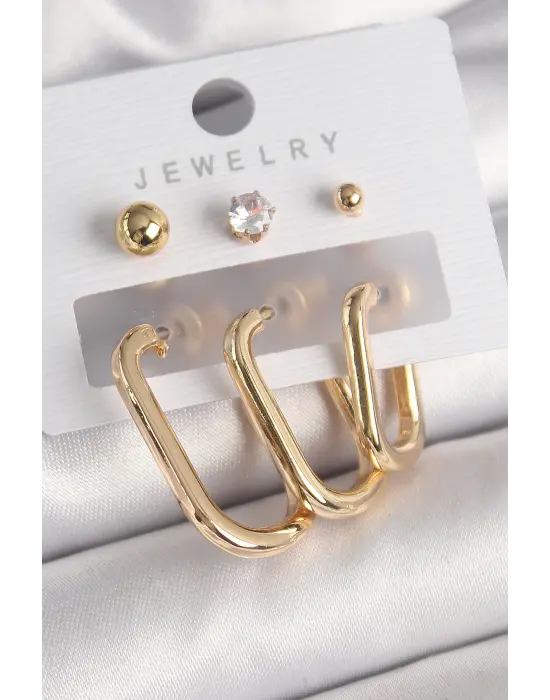  Altın Halka Model Zirkon Taş Topçuk Detay Çelik Küpe Seti