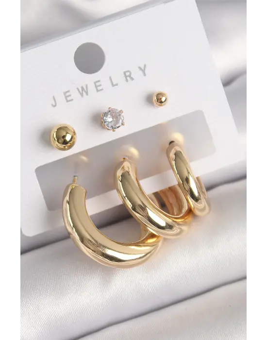  Altın Halka Model Zirkon Taşlı Topçuk Detay Çelik Küpe