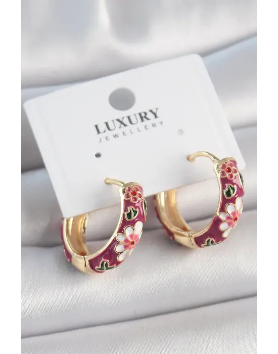 Pirinç Gold Renk Halka Mor Çiçek Mineli Kadın Küpe