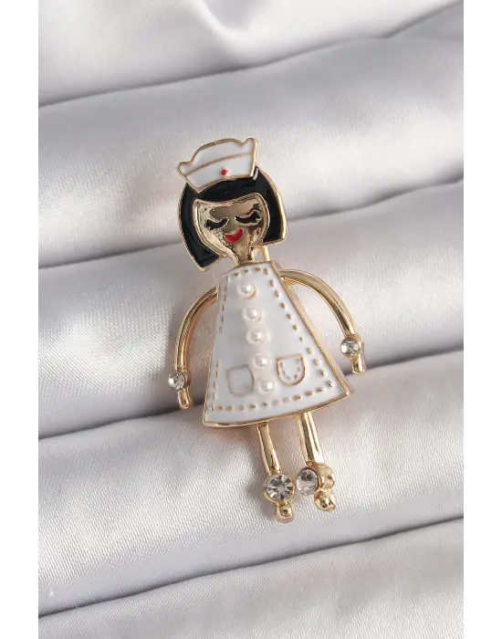 Çelik Gold Renk Hemşire Model İnci Zirkon Taş Detay Kadın Broş